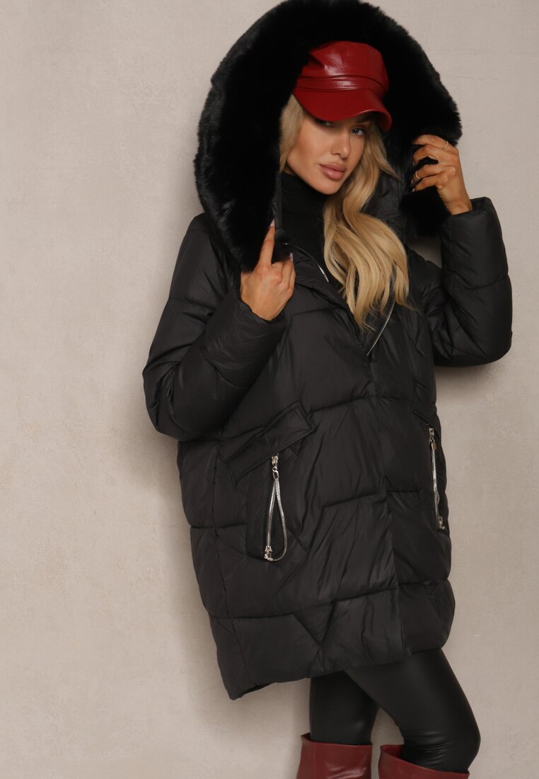Czarna Pudełkowa Kurtka Pikowana Ozdobiona Odpinanym Futerkiem i Suwakiem Hedizelle