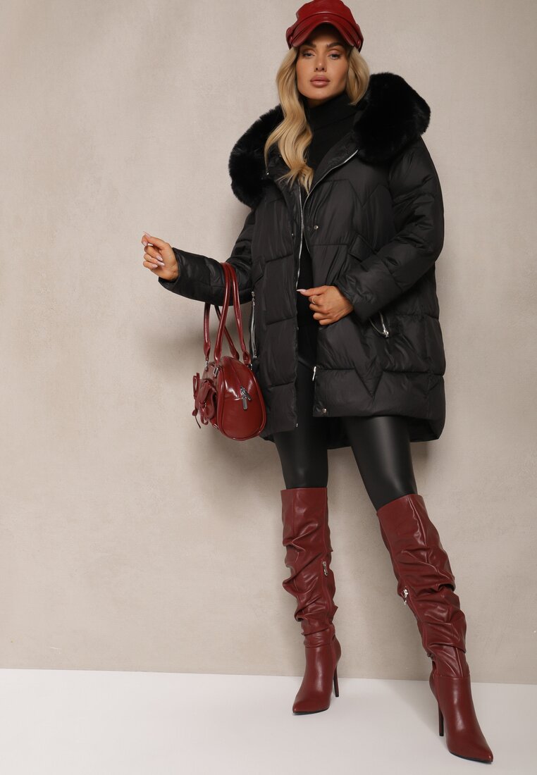 Czarna Pudełkowa Kurtka Pikowana Ozdobiona Odpinanym Futerkiem i Suwakiem Hedizelle