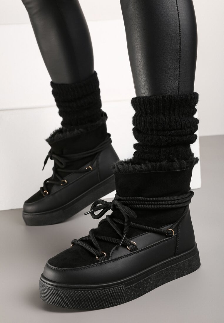 Czarne Sznurowane Śniegowce na Platformie Izastria