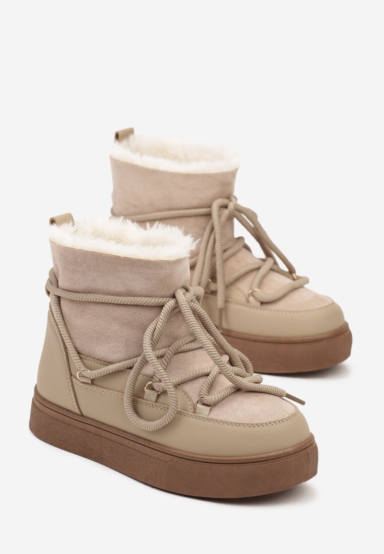 Ciemnobeżowe Sznurowane Śniegowce na Platformie Izastria