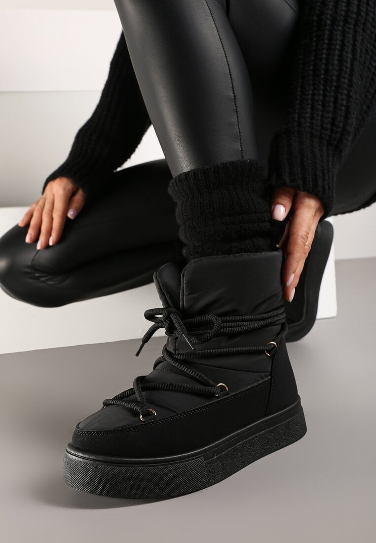 Czarne Śniegowce na Platformie ze Sznurowaniem Izatria