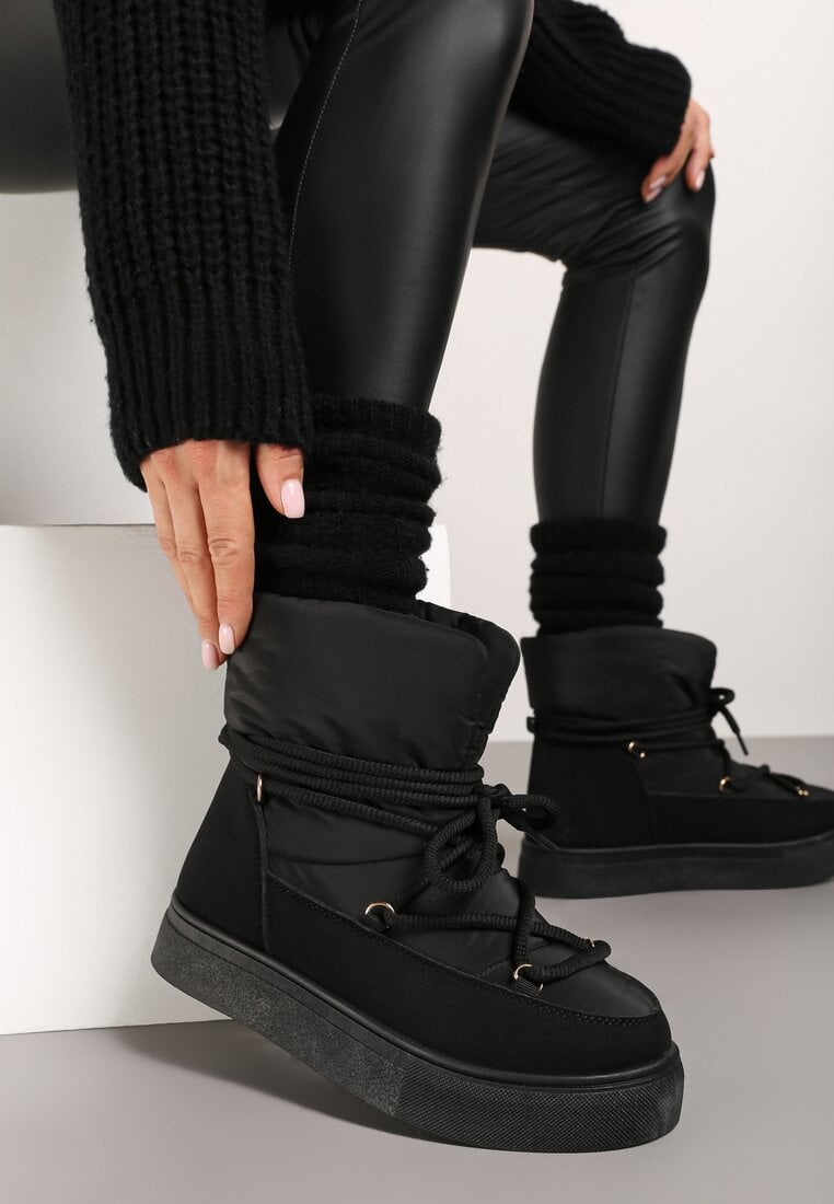 Czarne Śniegowce na Platformie ze Sznurowaniem Izatria