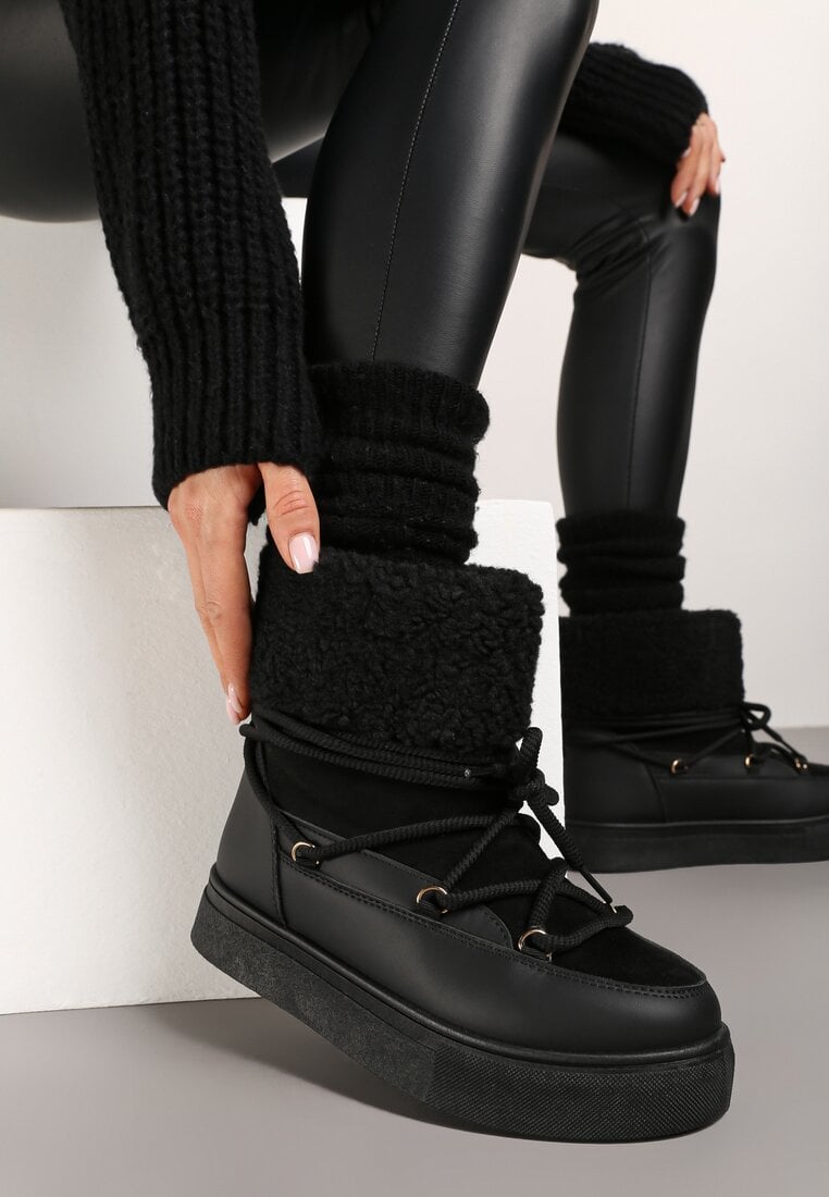 Czarne Śniegowce Futerkowe na Platformie ze Sznurowaną Cholewką Izalithia