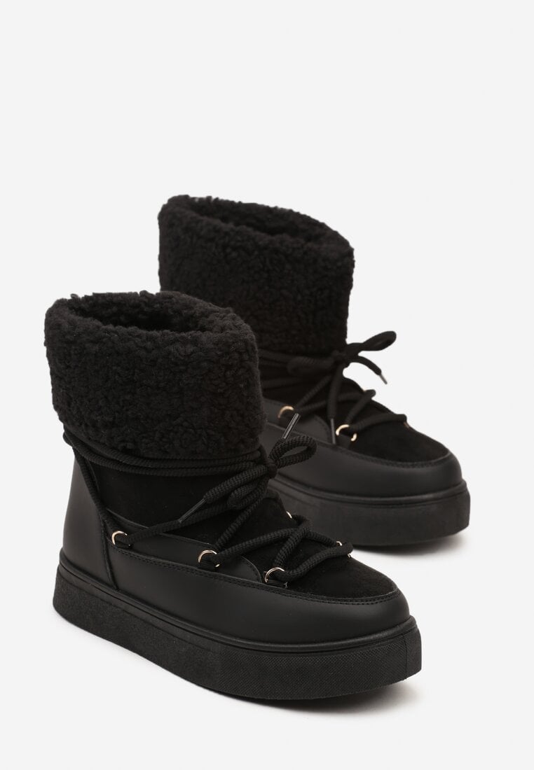 Czarne Śniegowce Futerkowe na Platformie ze Sznurowaną Cholewką Izalithia