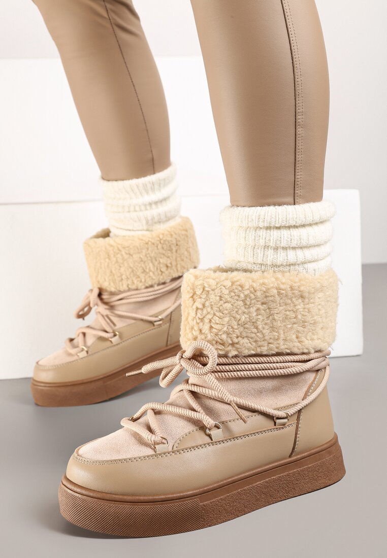 Ciemnobeżowe Śniegowce Futerkowe na Platformie ze Sznurowaną Cholewką Izalithia