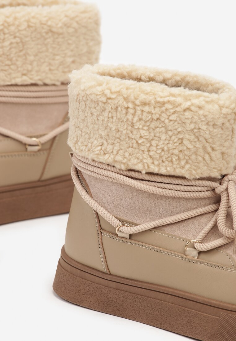 Ciemnobeżowe Śniegowce Futerkowe na Platformie ze Sznurowaną Cholewką Izalithia