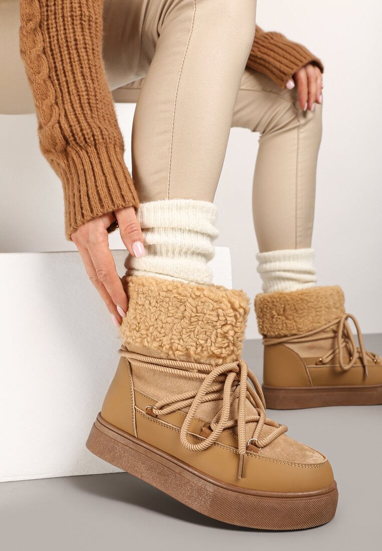 Brązowe Śniegowce Futerkowe na Platformie ze Sznurowaną Cholewką Izalithia