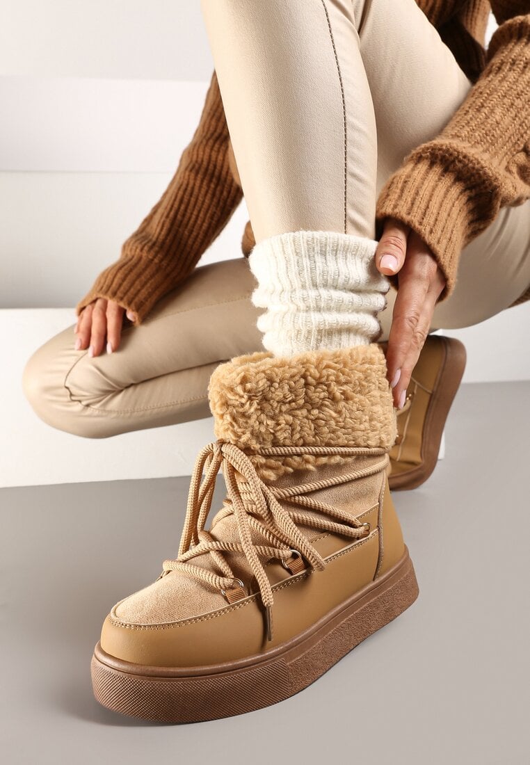 Brązowe Śniegowce Futerkowe na Platformie ze Sznurowaną Cholewką Izalithia