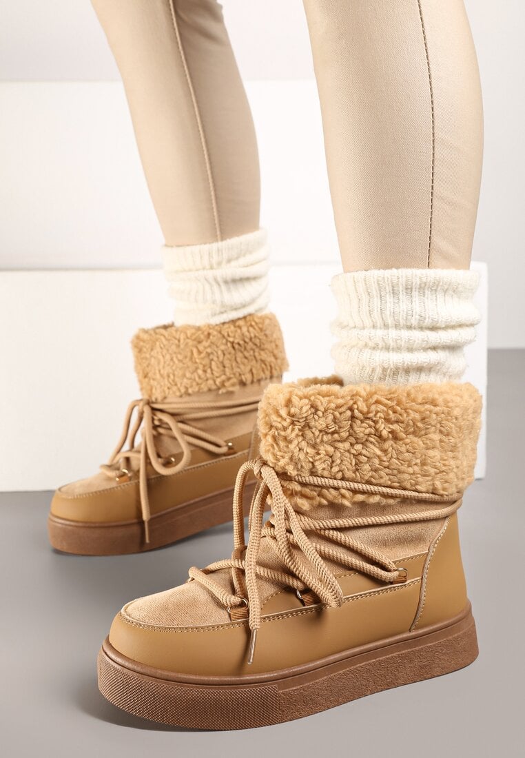 Brązowe Śniegowce Futerkowe na Platformie ze Sznurowaną Cholewką Izalithia