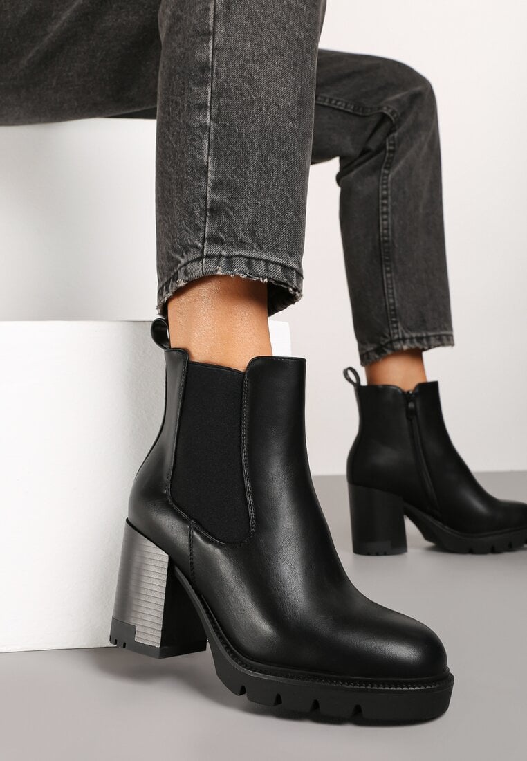 Czarne Botki Sztyblety na Słupku Ozdobione Elastyczną Wstawką Rearia
