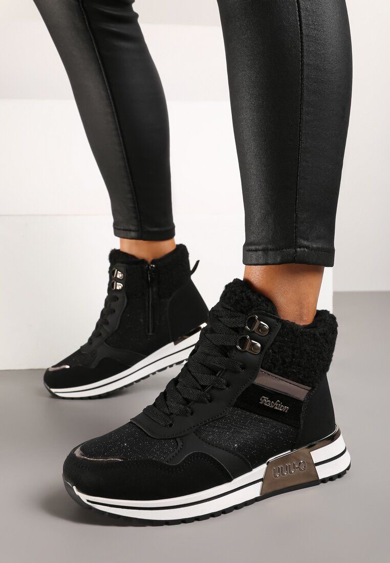 Czarne Sneakersy Zdobione Metaliczną Aplikacją Brokatem i Futrem Saliriel