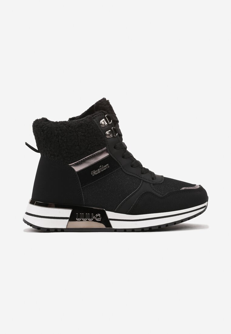 Czarne Sneakersy Zdobione Metaliczną Aplikacją Brokatem i Futrem Saliriel