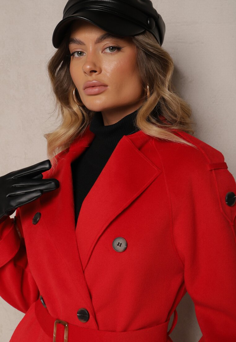 Czerwony Dwurzędowy Płaszcz Trencz o Eleganckim Kroju z Paskiem Edioneta