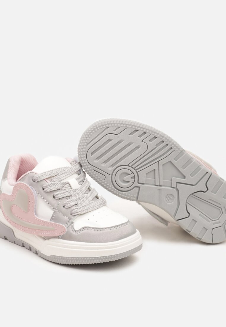 Srebrne Buty Sportowe Sneakersy z Wkładką ze Skóry Naturalnej Ozdobione Naszywką Rinnelisa