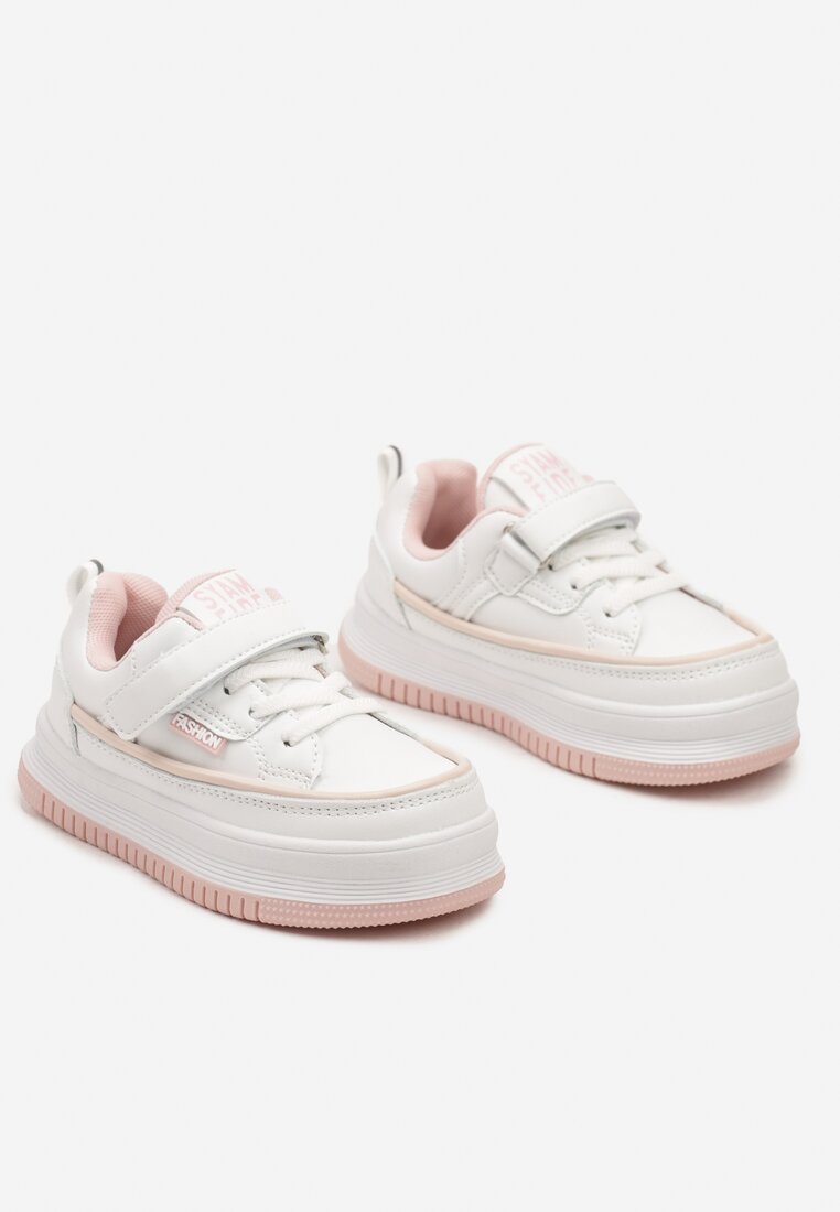 Biało-Różowe Sznurowane Buty Sportowe Sneakersy na Platformie z Wkładką ze Skóry z Napisem Virinna