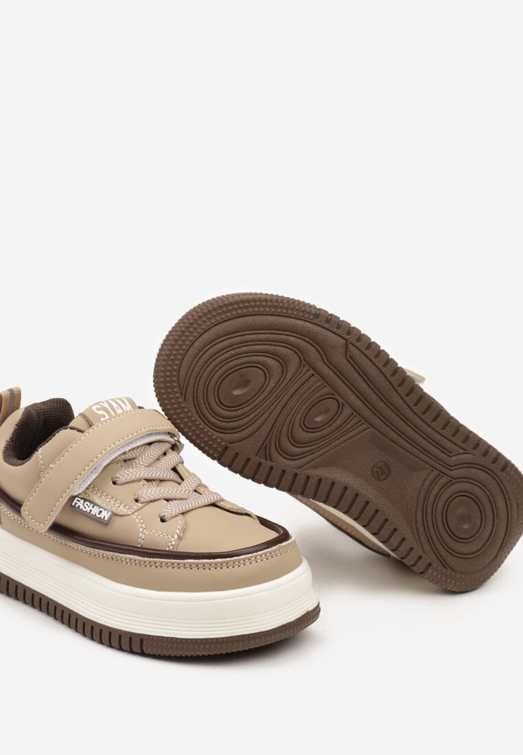 Ciemnobeżowe Sznurowane Buty Sportowe Sneakersy na Platformie z Wkładką ze Skóry z Napisem Virinna