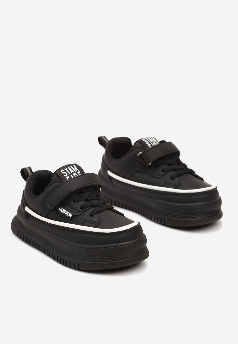 Czarne Sznurowane Buty Sportowe Sneakersy na Platformie z Wkładką ze Skóry z Napisem Virinna