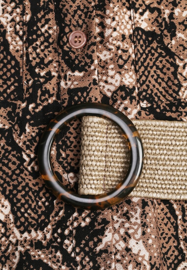 Brązowa Sukienka z Wiskozy o Koszulowym Kroju z Paskiem Zdobiona Wężowym Printem Norinna