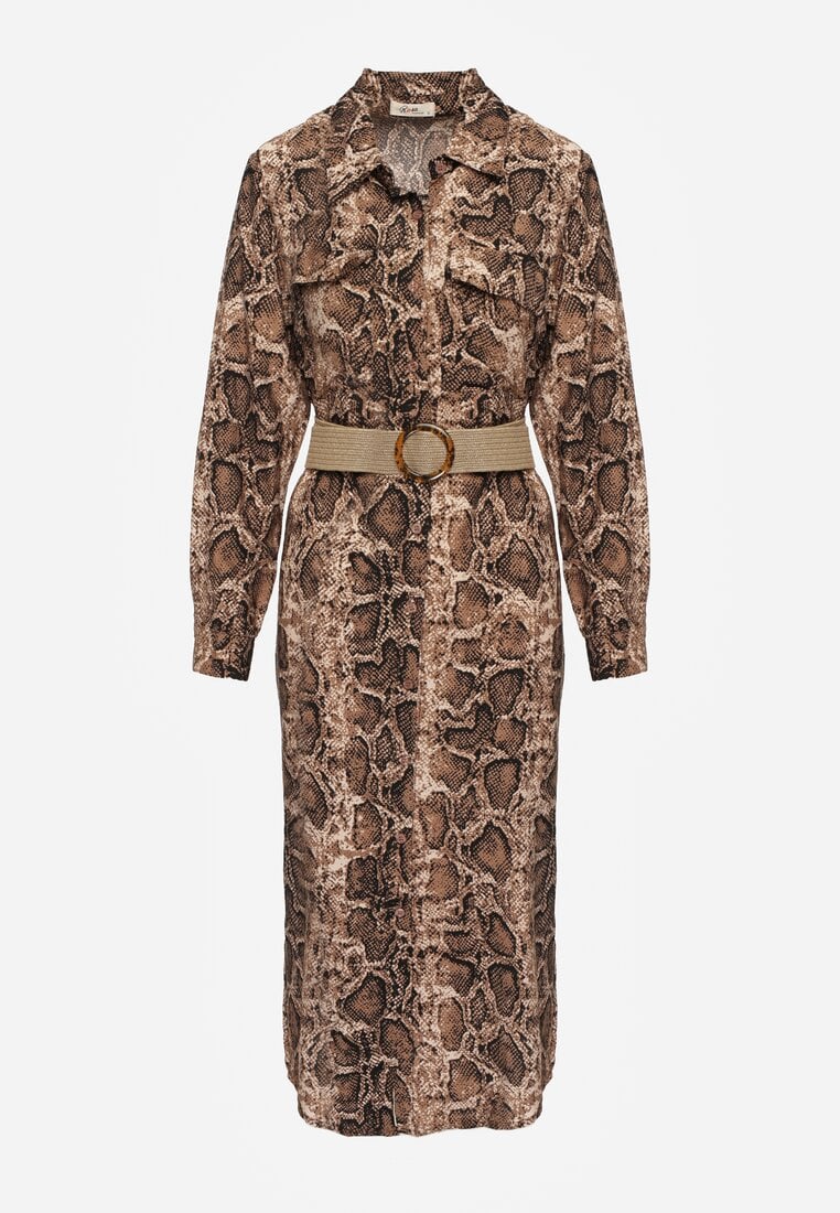 Brązowa Sukienka z Wiskozy o Koszulowym Kroju z Paskiem Zdobiona Wężowym Printem Norinna