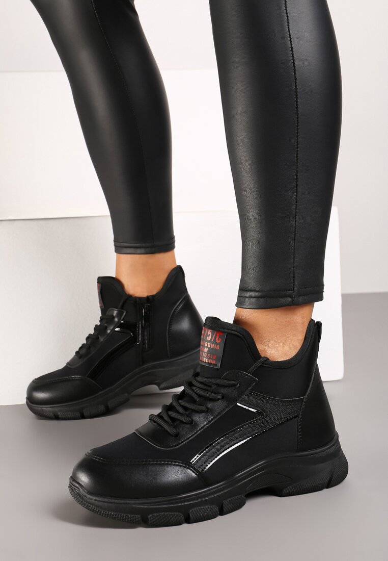 Czarne Sneakersy na Platformie z Wysoką Cholewką i Sznurowaniem Siathlora