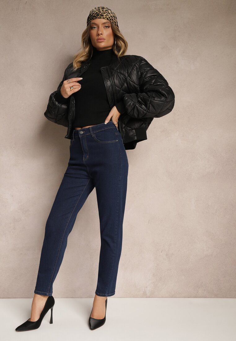 Granatowe Casualowe Jeansy Mom Fit High Waist Zorirra