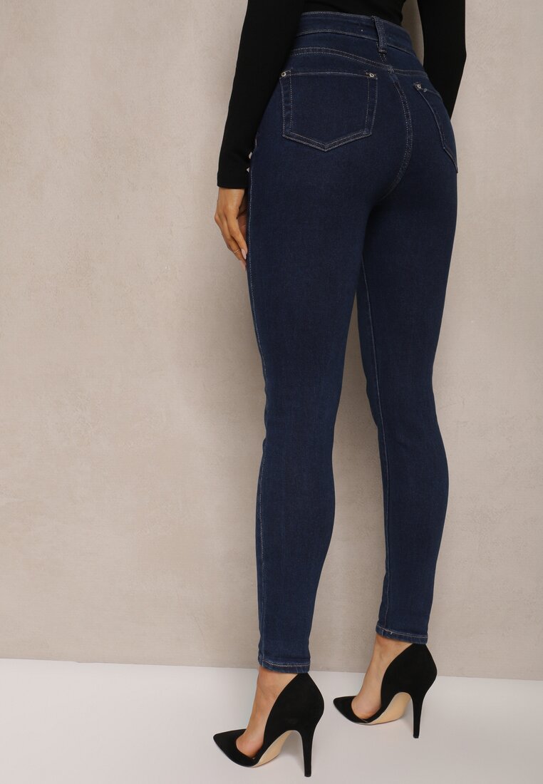 Granatowe Jeansy Skinny High Waist z Podwiniętymi Nogawkami Cilrira