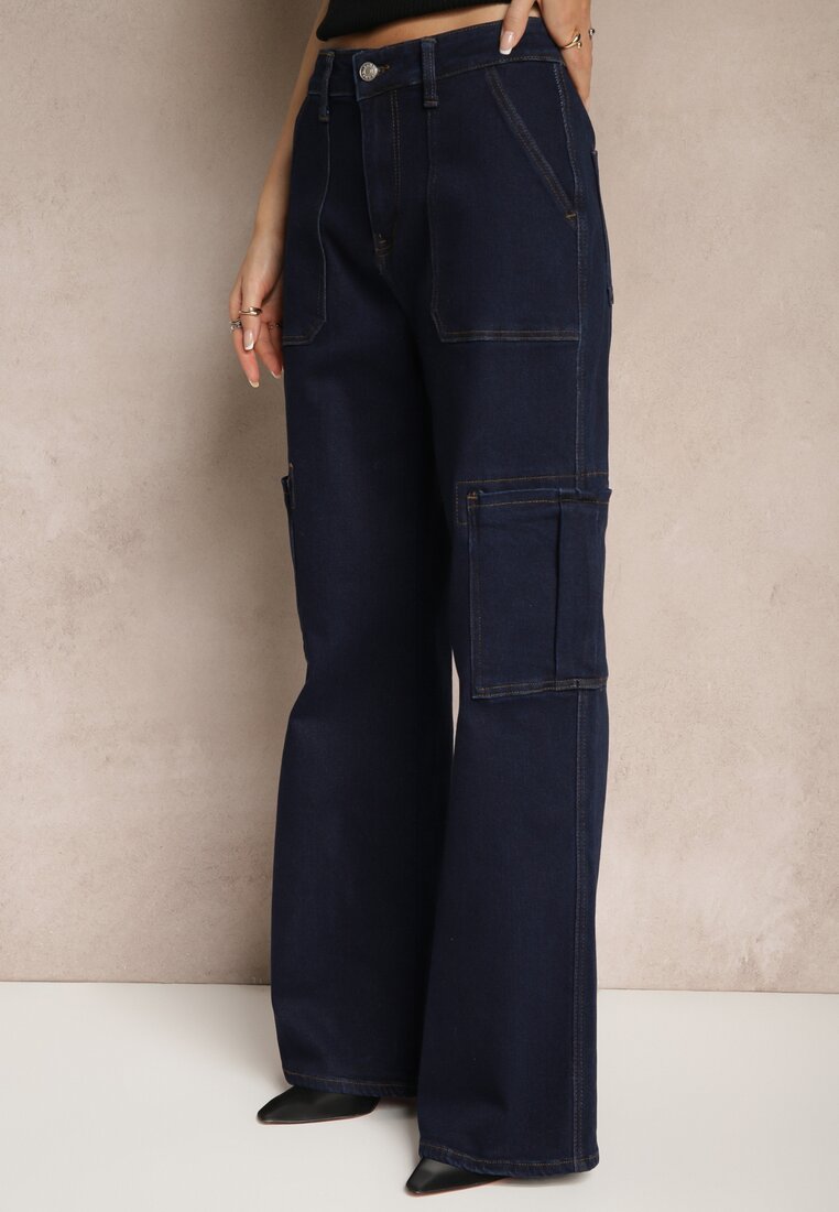Granatowe Jeansy z Bawełną o Szerokim Kroju High Waist z Kieszeniami Cargo Phirinna