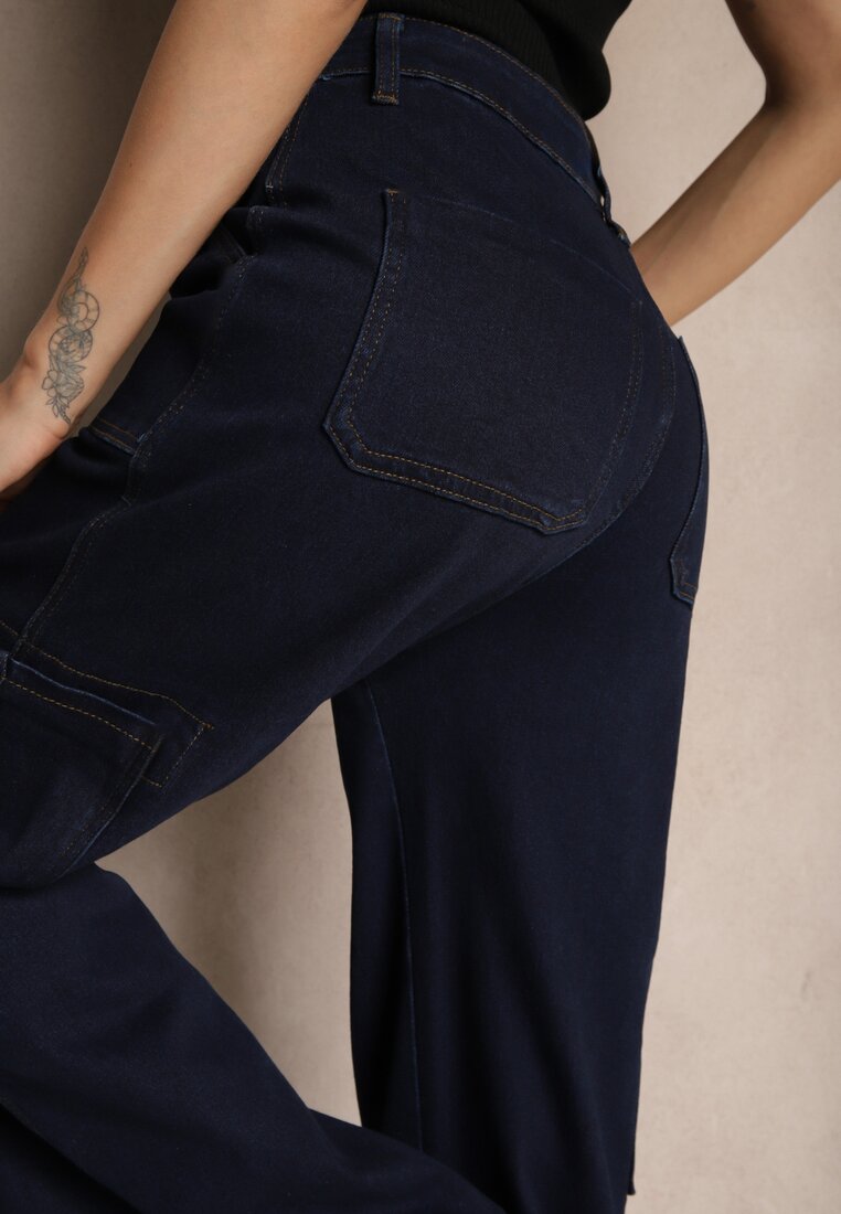 Granatowe Jeansy z Bawełną o Szerokim Kroju High Waist z Kieszeniami Cargo Phirinna