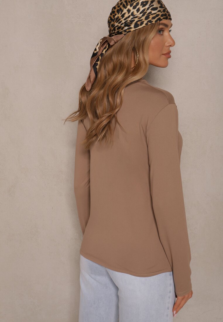 Ciemnobeżowa Klasyczna Bluzka Longsleeve z Wiskozy Lealindra