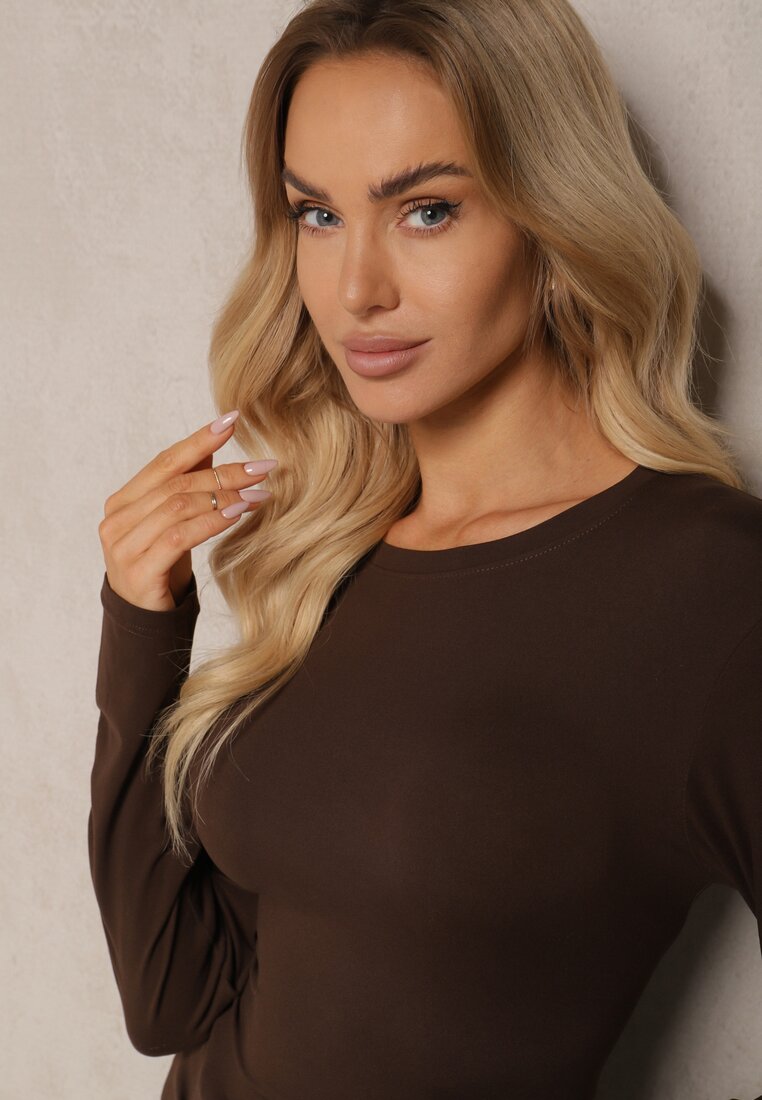 Brązowa Klasyczna Bluzka Longsleeve z Wiskozy Lealindra