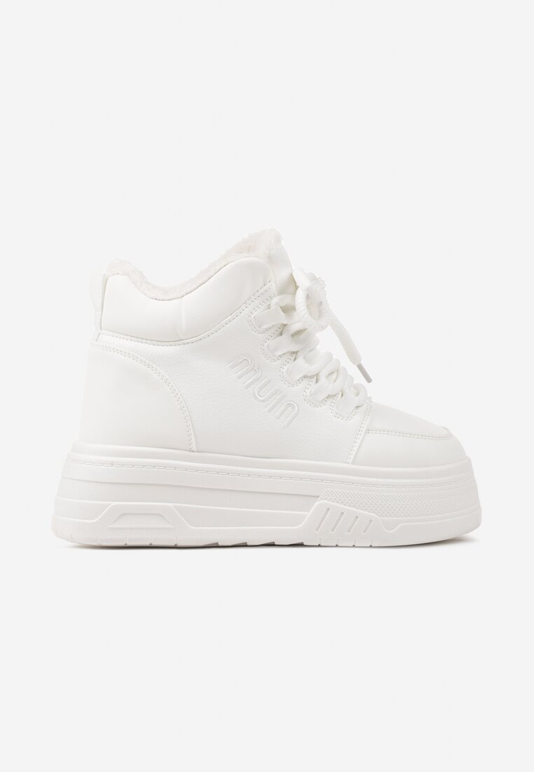 Białe Sneakersy na Grubej Podeszwie Mocno Ocieplane Futrem Leavinael