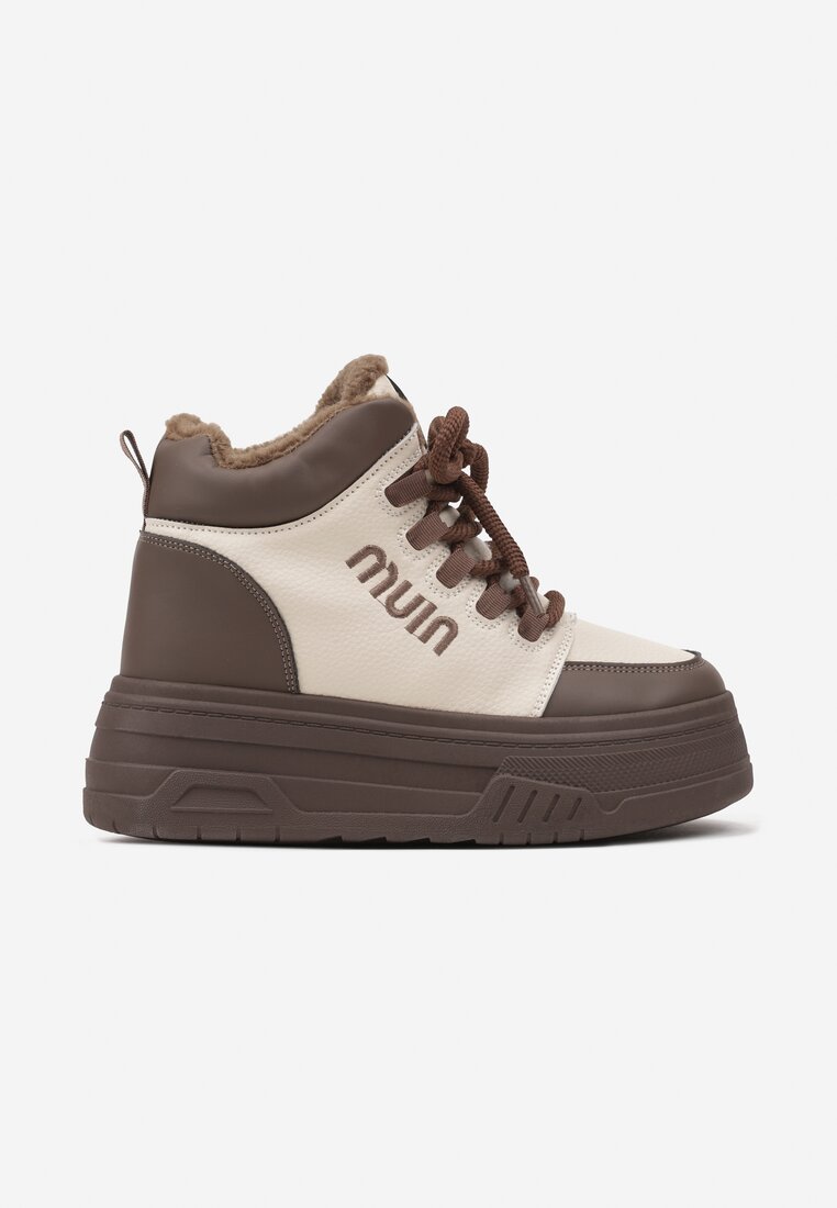 Beżowo-Brązowe Sneakersy na Grubej Podeszwie Mocno Ocieplane Futrem Leavinael