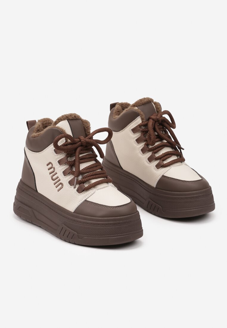 Beżowo-Brązowe Sneakersy na Grubej Podeszwie Mocno Ocieplane Futrem Leavinael