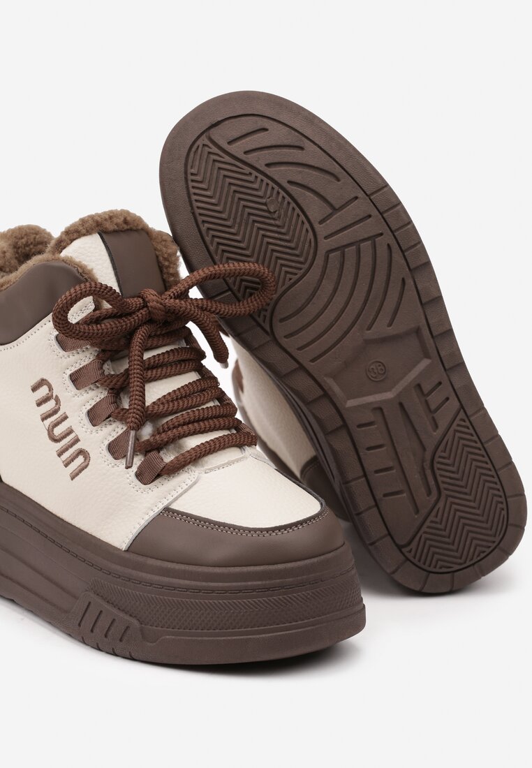 Beżowo-Brązowe Sneakersy na Grubej Podeszwie Mocno Ocieplane Futrem Leavinael