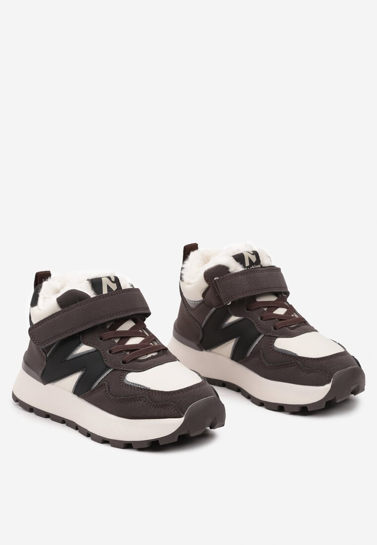 Beżowo-Brązowe Płaskie Buty Sportowe Sneakersy Ozdobione Geometrycznym Wzorem i Futerkiem Fezilia
