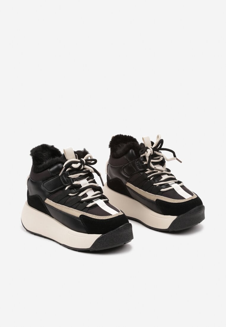 Czarno-Beżowe Śniegowce w Stylu Sneakersów na Grubej Podeszwie ze Sznurowaniem i Rzepem Lealiria