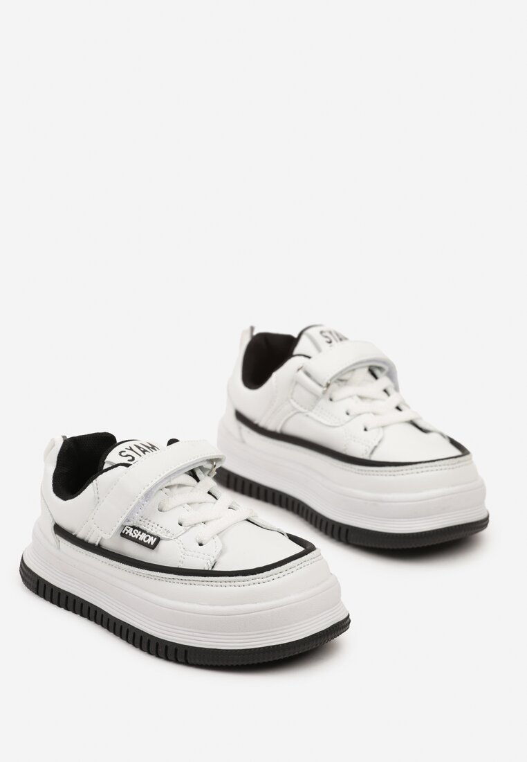 Biało-Czarne Sznurowane Buty Sportowe Sneakersy na Platformie z Wkładką ze Skóry z Napisem Virinna
