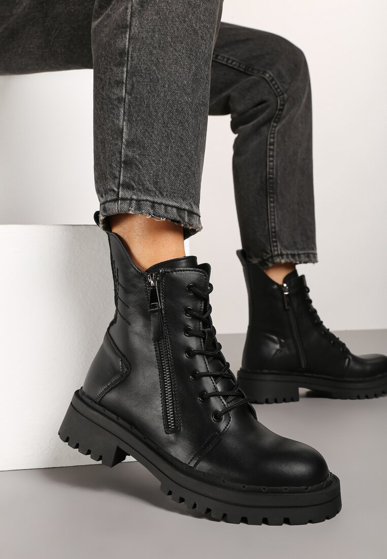 Czarne Botki Workery ze Skóry Naturalnej z Ozdobnym Suwakiem Reaniael