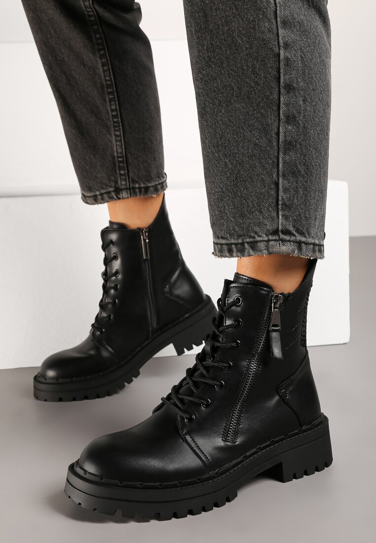 Czarne Botki Workery ze Skóry Naturalnej z Ozdobnym Suwakiem Reaniael