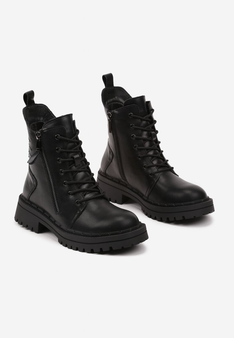 Czarne Botki Workery ze Skóry Naturalnej z Ozdobnym Suwakiem Reaniael