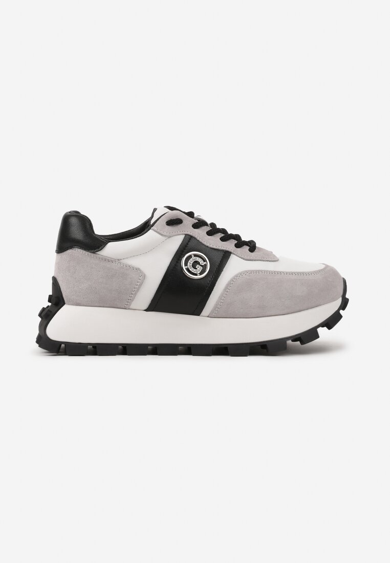 Szaro-Czarne Sneakersy na Platformie ze Skóry Naturalnej Ozdobione Metaliczną Aplikacją Realith