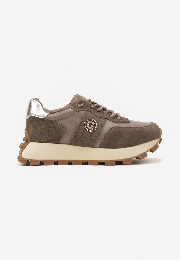 Ciemnobeżowe Sneakersy na Platformie ze Skóry Naturalnej Ozdobione Metaliczną Aplikacją Realith
