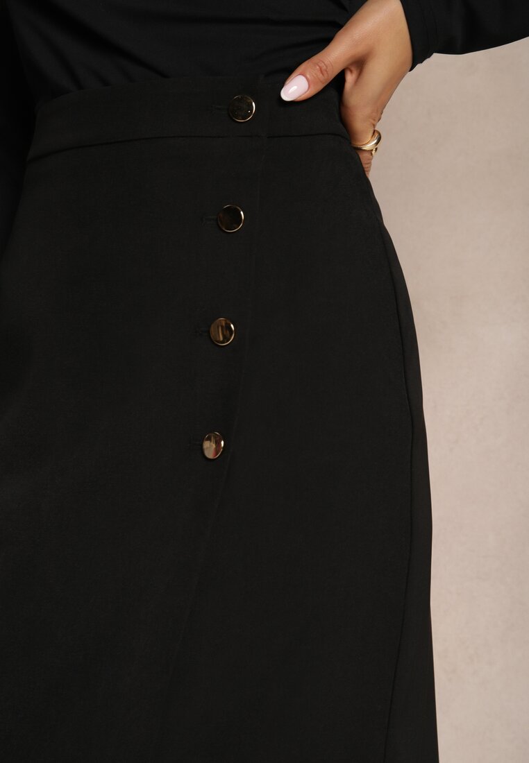 Czarna Spódnica  z Wiskozą High Waist o Trapezowym Kroju Ozdobiona Guzikami Enarith