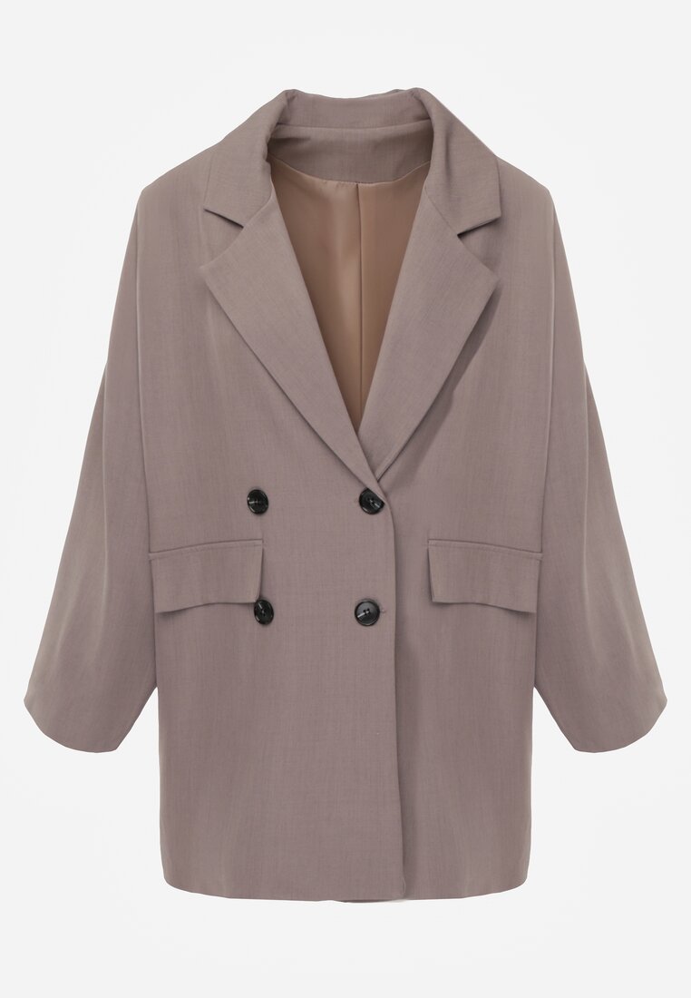 Ciemnobeżowa Oversizowa Marynarka z Klapami i Dwurzędowym Zapięciem Sinthelis