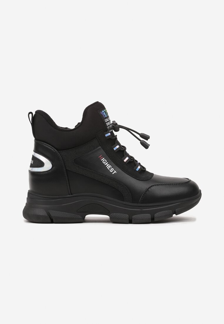 Czarne Sneakersy na Płaskiej Podeszwie z Wysoką Cholewką ze Ściągaczem i Napisami Tinnellia