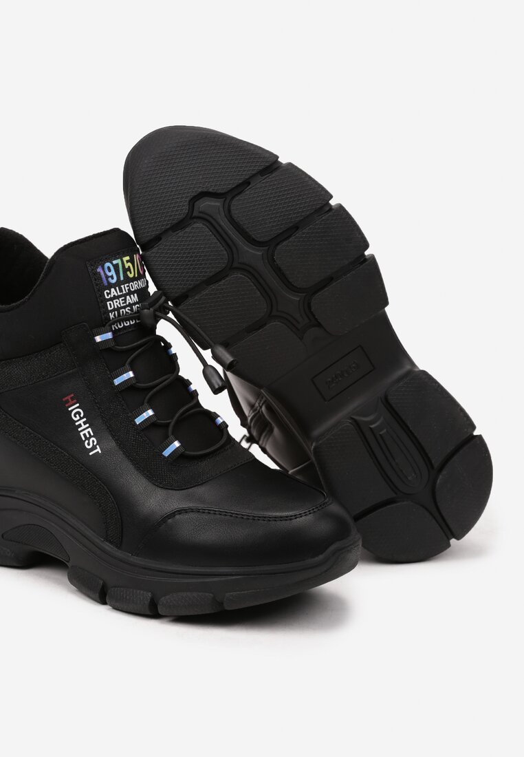 Czarne Sneakersy na Płaskiej Podeszwie z Wysoką Cholewką ze Ściągaczem i Napisami Tinnellia