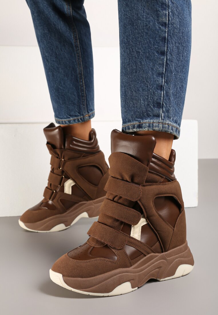 Brązowe Sneakersy na Rzep i Koturnie Liame