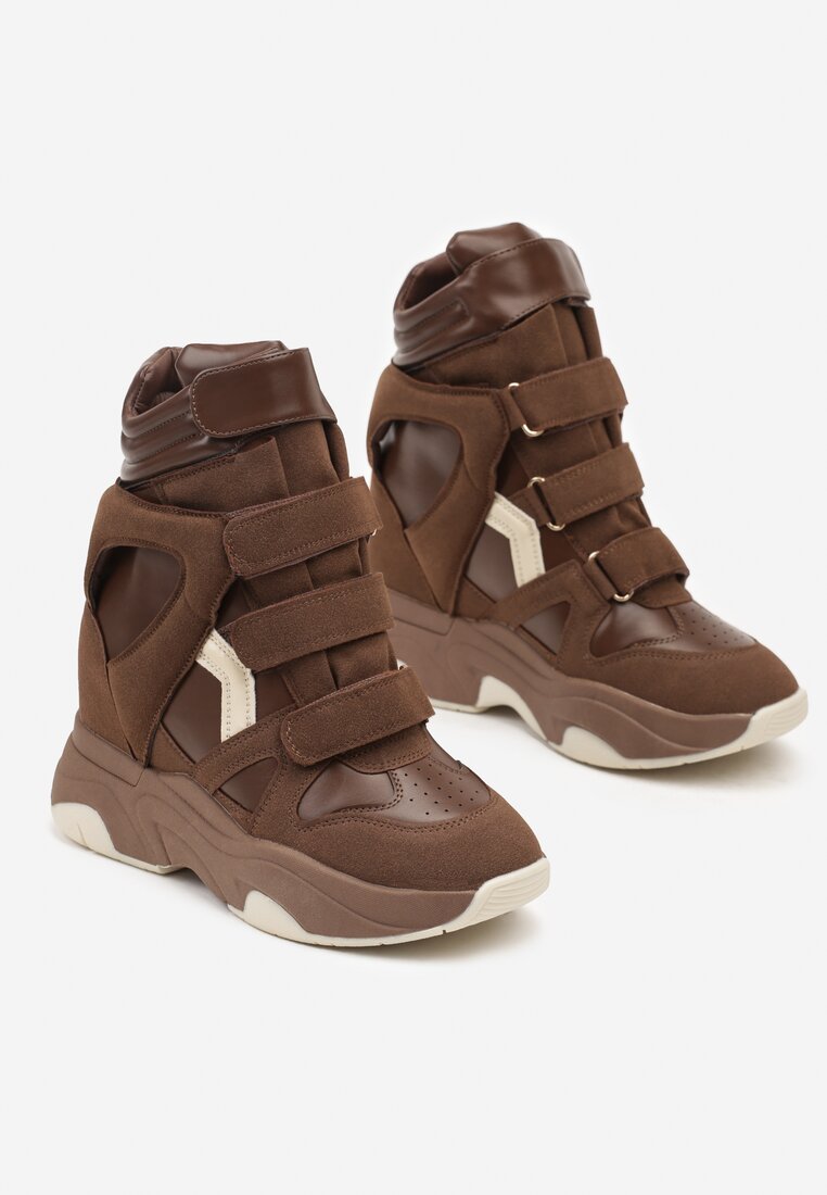 Brązowe Sneakersy na Rzep i Koturnie Liame