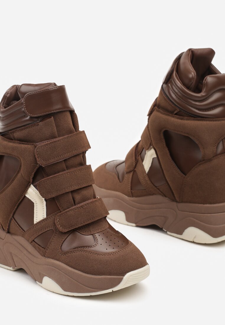 Brązowe Sneakersy na Rzep i Koturnie Liame