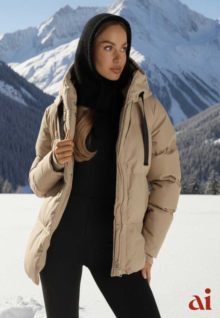 Ciemnobeżowa Kurtka Basic Pikowana z Nieodpinanym Kapturem Vertirya